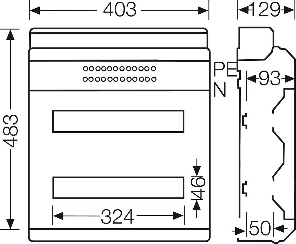 Szkic urządzenia elektrycznego o wymiarach 403 mm szerokości, 483 mm wysokości i 129 mm głębokości. Pokazuje przyłącza oznaczone jako PE i N.