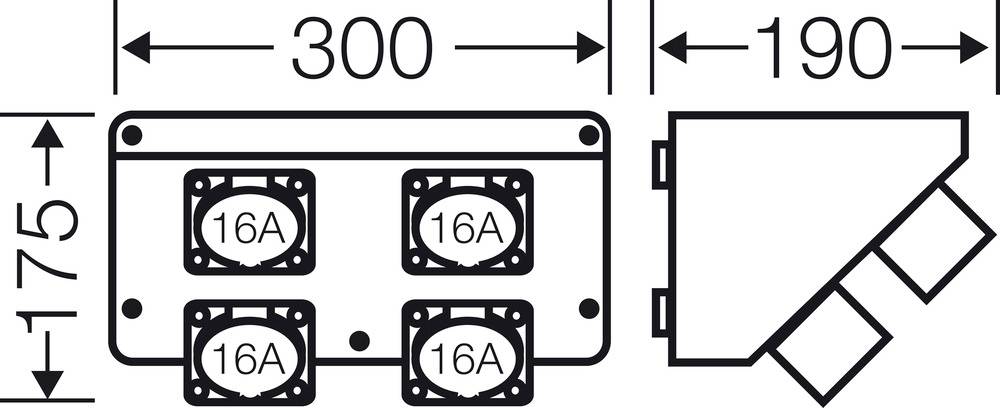 Diagram listwy zasilającej z czterema gniazdami 16A. Wymiary: 300 mm szerokości, 190 mm głębokości, 175 mm wysokości. Zawiera widok z boku.