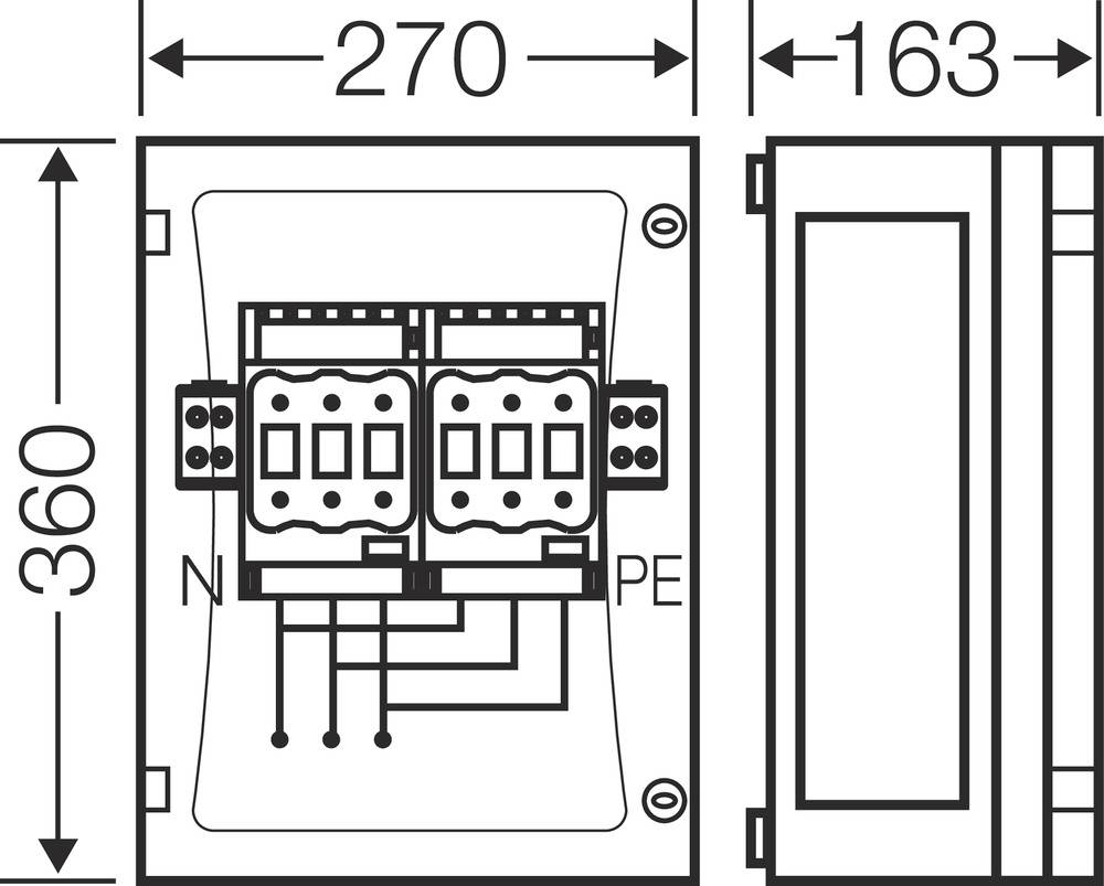 Rysunek techniczny elektrycznej skrzynki przyłączeniowej o wymiarach 360 mm x 270 mm x 163 mm. Pokazuje zaciski przyłączeniowe N i PE.