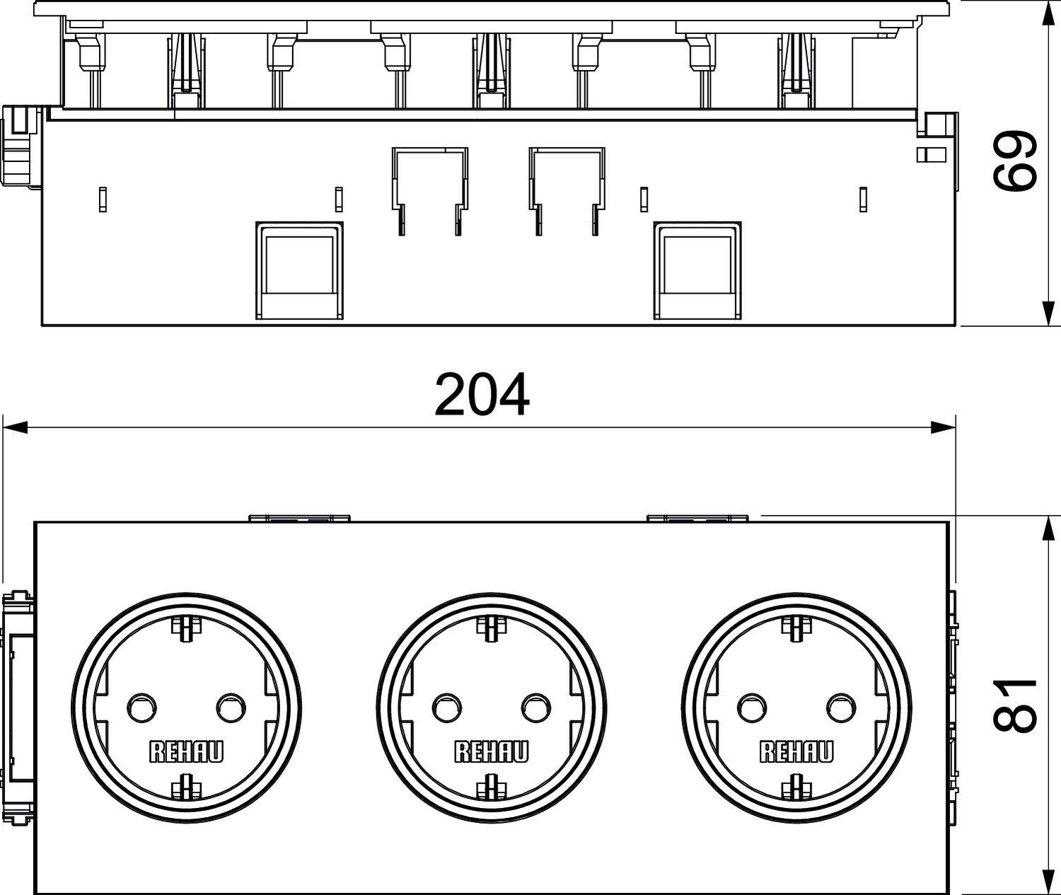 Rysunek techniczny listwy zasilającej z trzema okrągłymi gniazdami, długość 204 mm, wysokość 81 mm, wysokość w widoku bocznym 69 mm.