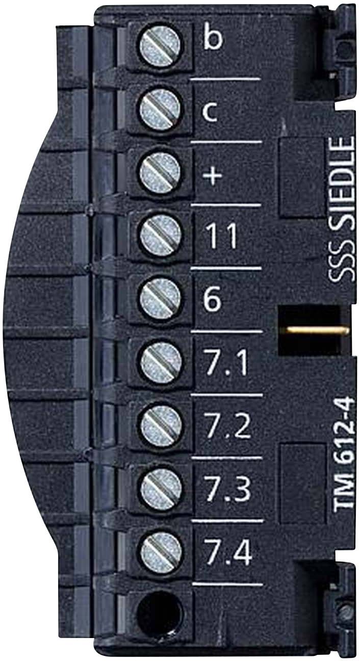 Czarny element elektroniczny z wieloma zaciskami śrubowymi, oznaczony etykietami 'b', 'c', '+', '11', '6', '7.1', '7.2', '7.3', '7.4'.