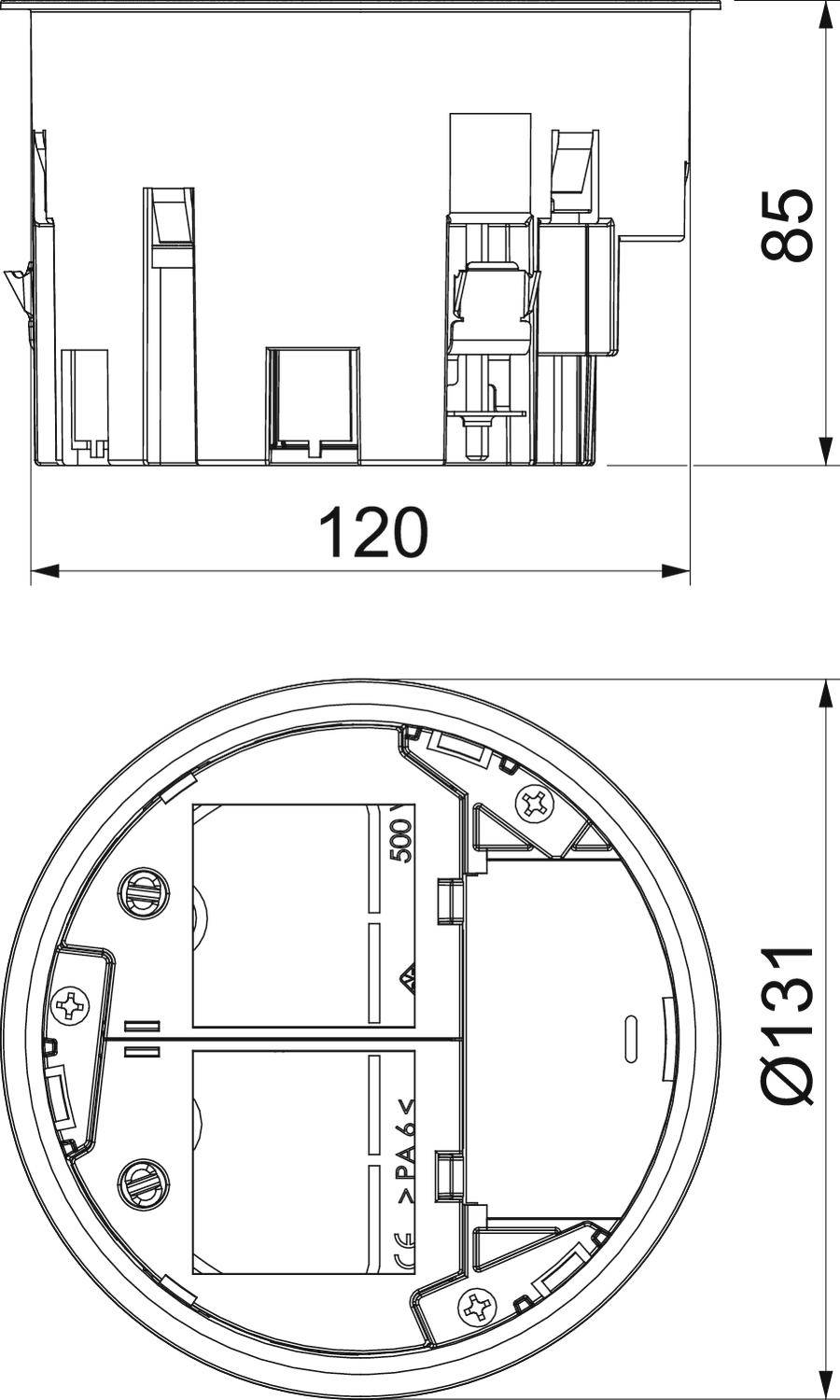 Rysunek techniczny okrągłego elementu elektrycznego o średnicy 131 mm i wysokości 85 mm. Prezentuje strukturę wewnętrzną.