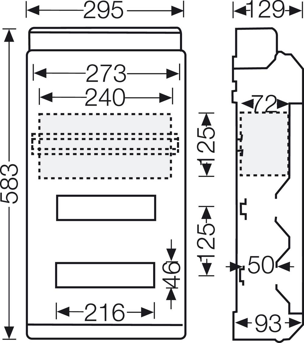 Rysunek techniczny prostokątnego urządzenia z wymiarami. Wysokość 583 mm, szerokość 295 mm, podane różne wymiary głębokości i szczegółowe.