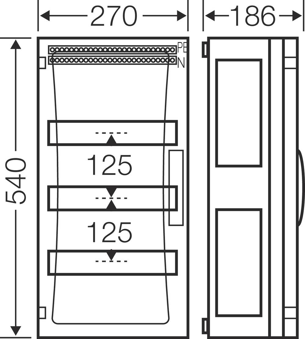 Rysunek techniczny szafy sterowniczej o wymiarach 270x186x540 mm. Opisany z podziałką co 125 mm i oznaczeniami P.E.N.