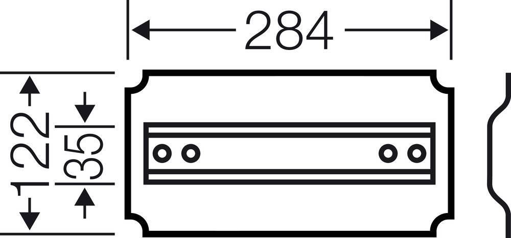 Rysunek techniczny prostokątnego elementu o wymiarach: szerokość 284 mm, wysokość 122 mm, z dodatkowymi szczegółami jak otwory mocujące.