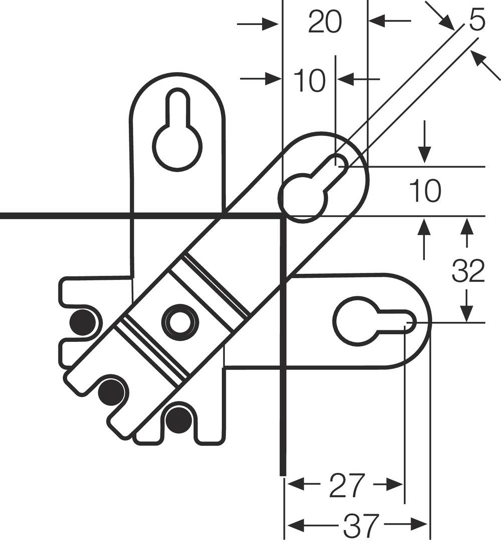 Rysunek techniczny elementu łączącego z wymiarami. Strzałki wskazują pomiary od 5 do 37 mm.