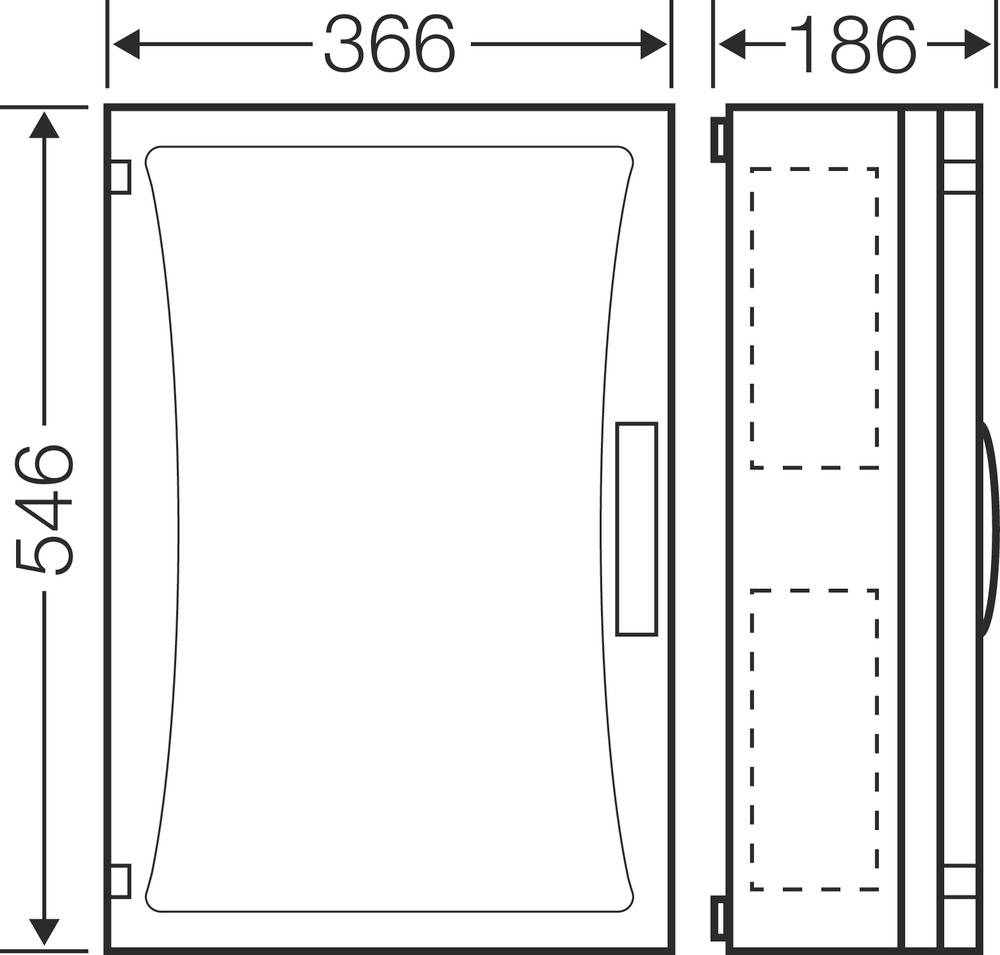 Rysunek techniczny prostokątnego urządzenia o wymiarach: 546 mm wysokości, 366 mm szerokości, 186 mm głębokości, z widokiem bocznym.
