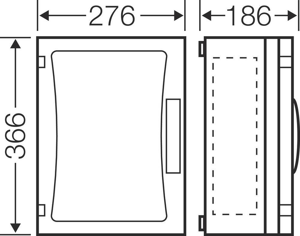 Rysunek techniczny zawiasu: szerokość 276 mm, wysokość 366 mm, głębokość 186 mm. Przedstawia widok z przodu i z boku wraz z wymiarami.