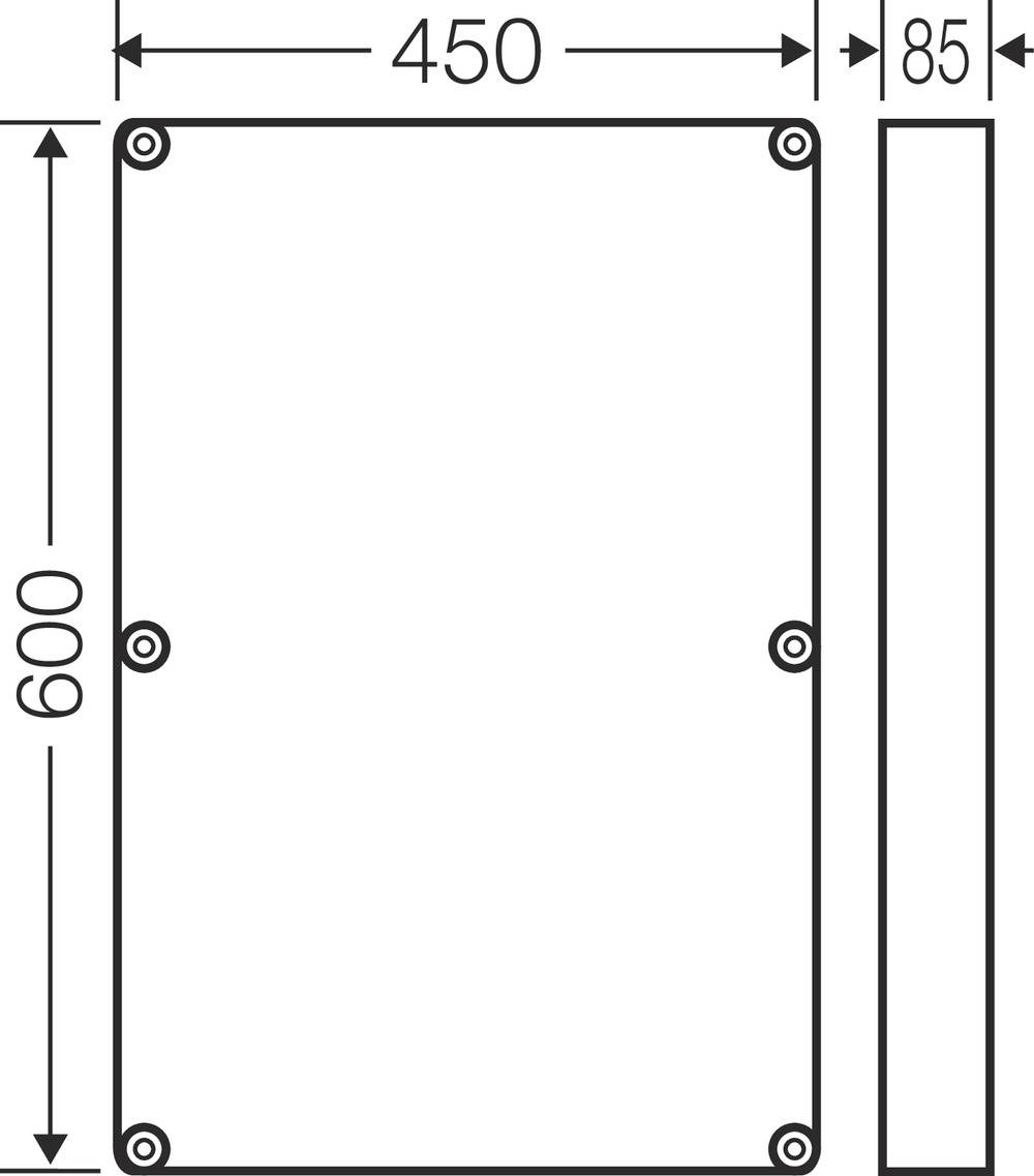 Rysunek techniczny przedstawia prostokątny obiekt o wymiarach 450 mm szerokości, 600 mm wysokości i 85 mm głębokości.