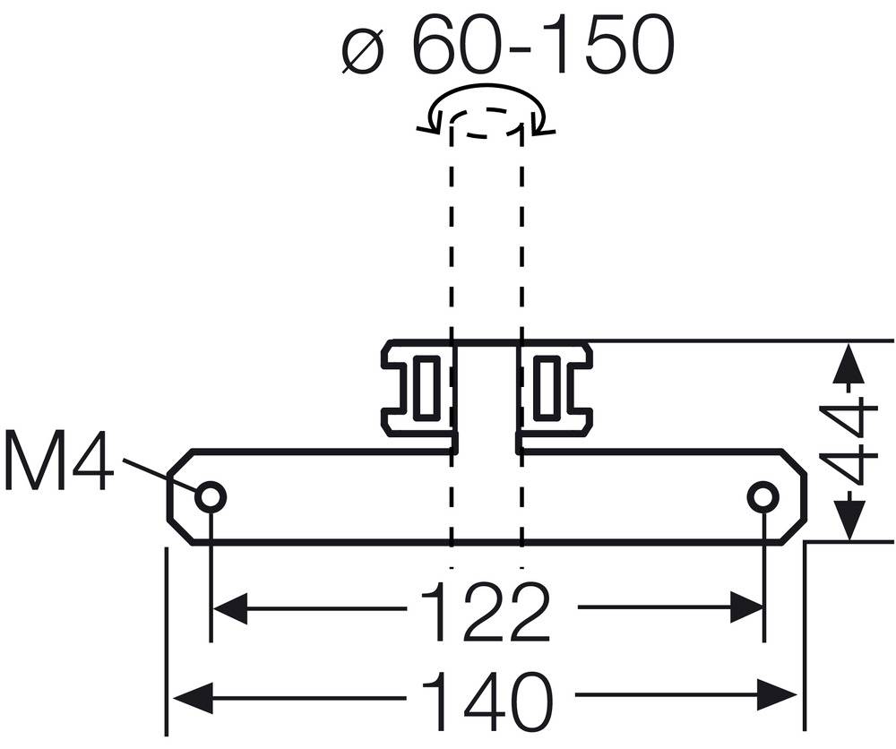 Rysunek techniczny uchwytu o wymiarach: średnica 60-150 mm, wysokość 44 mm, szerokość 140 mm (wewnątrz 122 mm). Śruba M4.