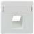 Biała, prostokątna rama gniazda sieciowego z wycięciem na moduł. W górnej części znajduje się przezroczysta pokrywa.