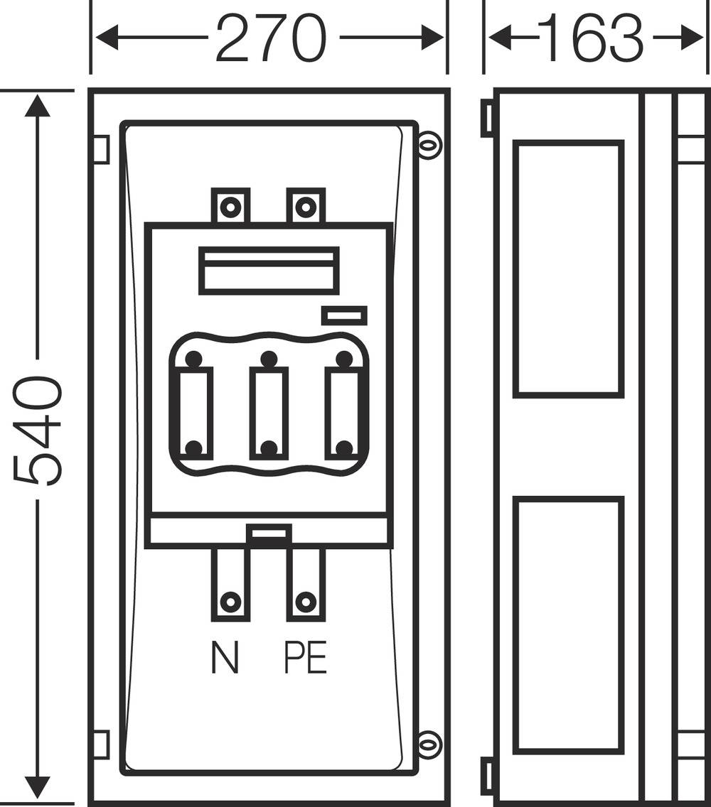 Rysunek skrzynki elektrycznej z wymiarami: wysokość 540 mm, szerokość 270 mm, głębokość 163 mm. Oznaczona literami 'N' i 'PE'.