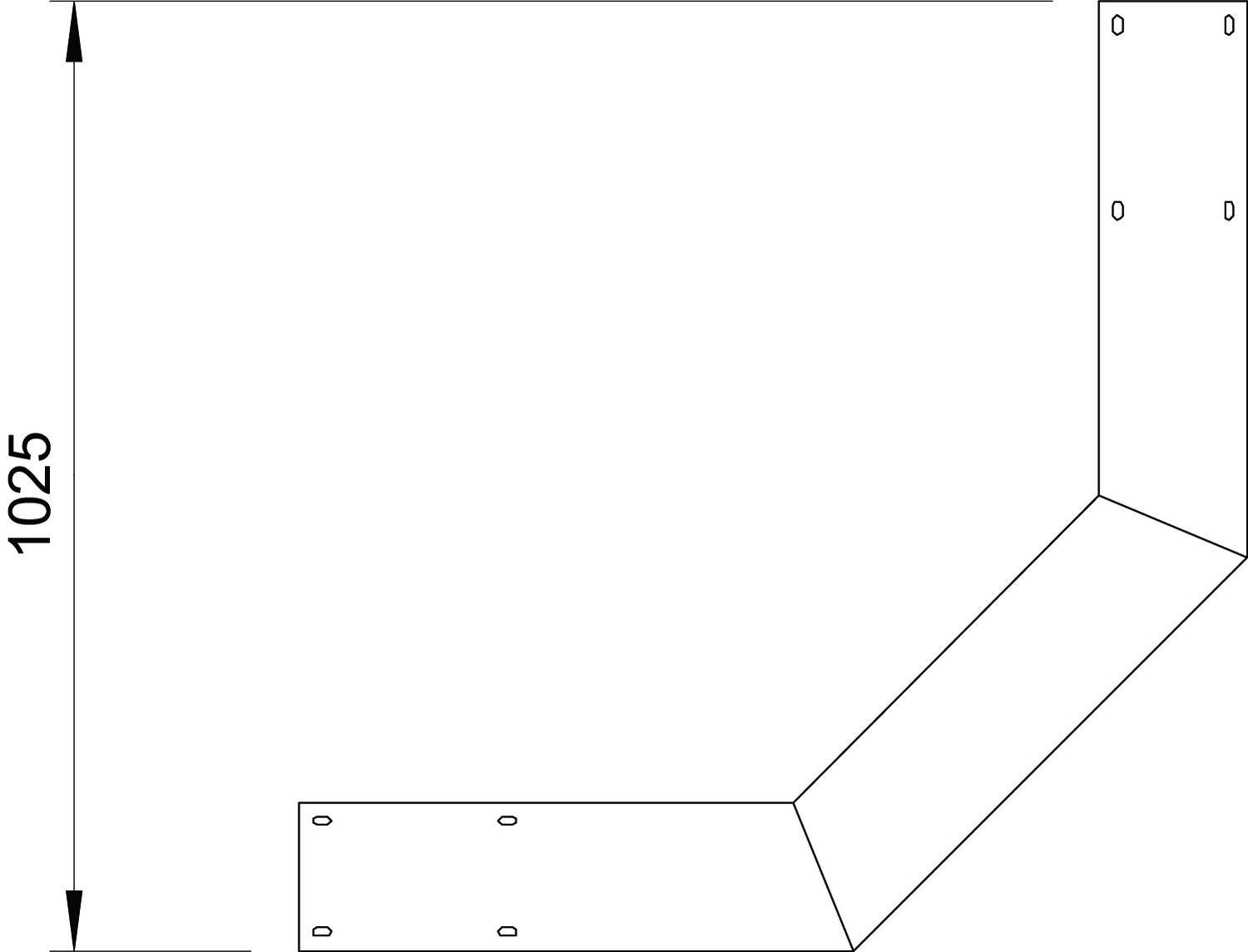 Kąt metalowy z dwoma elementami ukośnymi, wzór otworów pod śruby. Wysokość kąta: 1025 mm.