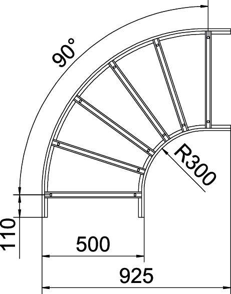 Rysunek techniczny zakrzywionego odcinka schodów o promieniu 300 mm, kąt 90 stopni. Wymiary: 500 mm x 925 mm.
