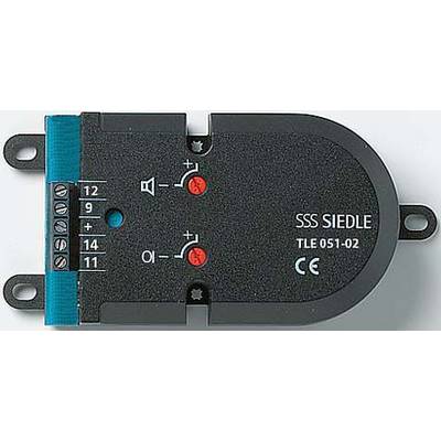 Elektroniczny element podzespołu firmy SSS Siedle, model TLE 051-02, z przyłączami, symbolem głośnika i czerwonymi diodami kontrolnymi.