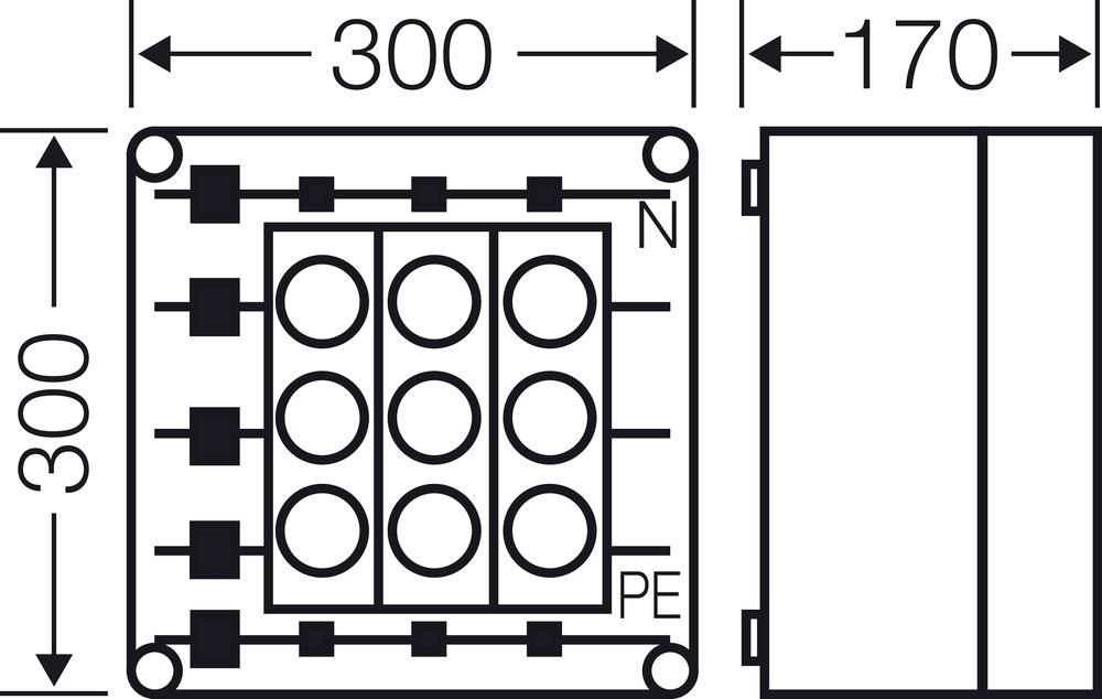 Rysunek techniczny prostokątnej obudowy o wymiarach 300x170 mm. Wewnątrz znajdują się okrągłe otwory i złącza dla N i PE.