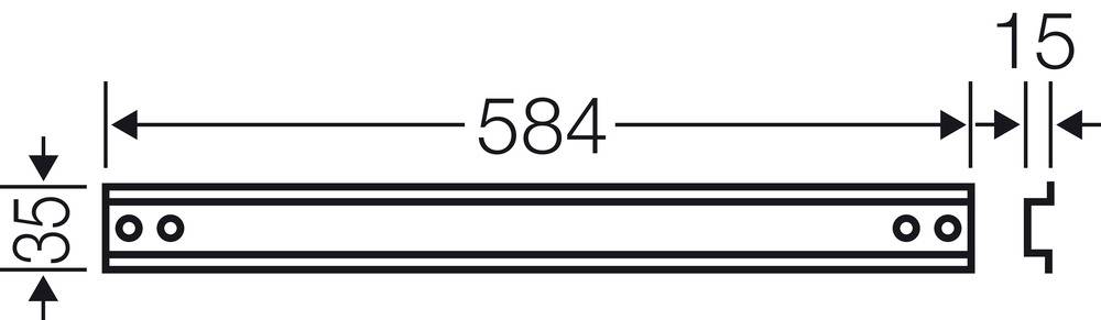 Schemat prostokątnego przedmiotu o wymiarach 584 x 35 mm. Dwa otwory po każdej stronie. Górny prawy margines wynosi 15 mm.