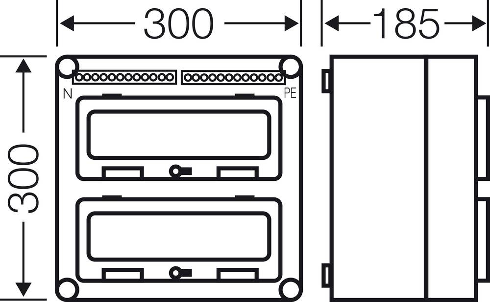 Diagram przedstawia prostokątny element o wymiarach 300 x 185 mm. U góry oznaczenia przyłączy 'N' i 'PE'. Widok z boku po prawej stronie.