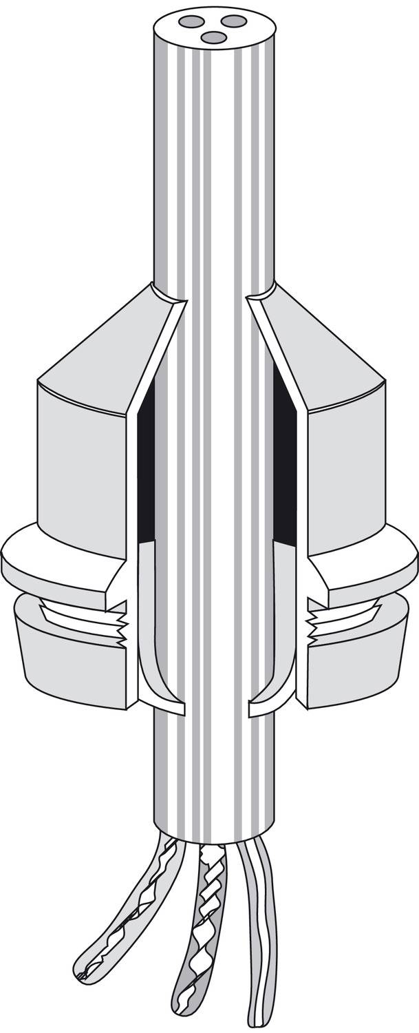 Ilustracja narzędzia wiertniczego z elementami przypominającymi drut na dolnym końcu. Główna struktura pośrodku otoczona dwoma skrzydłami bocznymi.