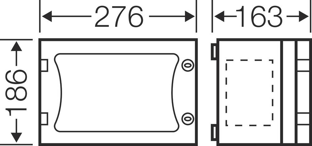 Rysunek techniczny prostokątnego obiektu o wymiarach 276 x 186 mm i głębokości 163 mm, widok z boku przedstawiający wycięcia.
