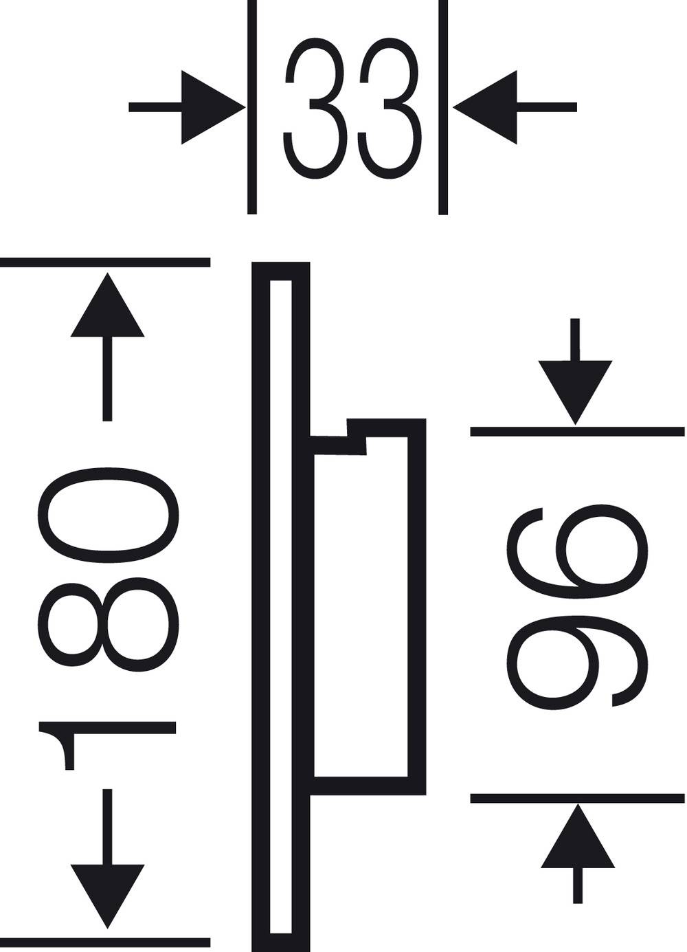 Rysunek techniczny z wymiarami: Wysokość 180, Szerokość 33, Głębokość 96. Przedstawia widok z boku prostokątnego obiektu z centralnym odcinkiem.