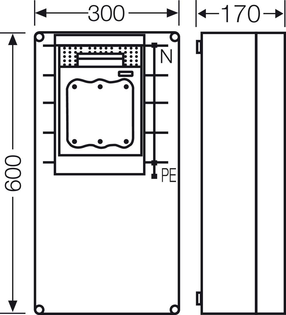 Szkic rozdzielnicy o wymiarach 300x600 mm. Przedstawia widok z przodu z zaciskami N i PE oraz widok z boku o głębokości 170 mm.