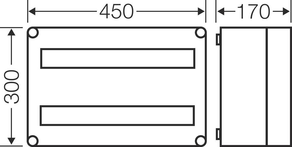 Rysunek techniczny prostokątnego pudełka o wymiarach 450 x 300 x 170 mm. Przedstawiono widok z góry oraz widok z boku.
