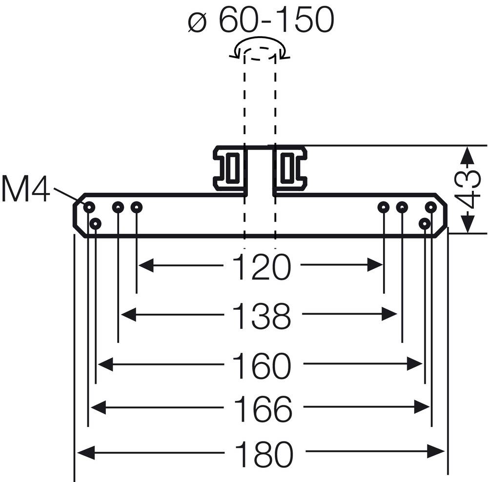 Rysunek techniczny elementu z wymiarami: szerokość 180 mm, wysokość 43 mm. Pozostałe wymiary szerokości: 120 mm, 138 mm, 160 mm, 166 mm.