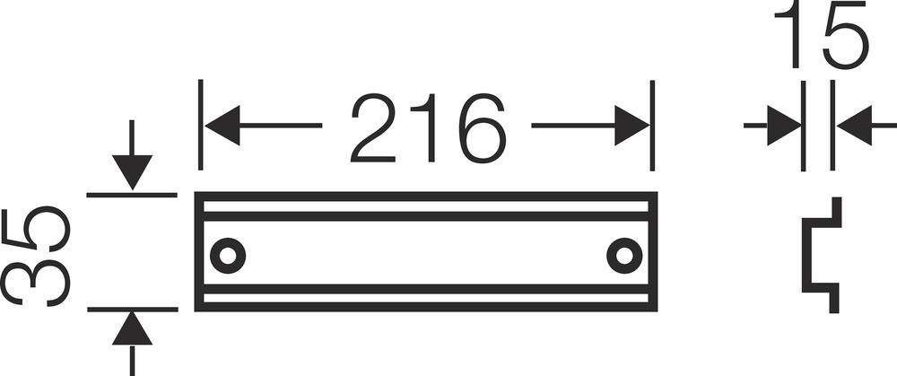 Rysunek techniczny prostokątnego elementu, długości 216 mm, wysokości 35 mm, głębokości 15 mm, z dwoma otworami po lewej i prawej stronie.