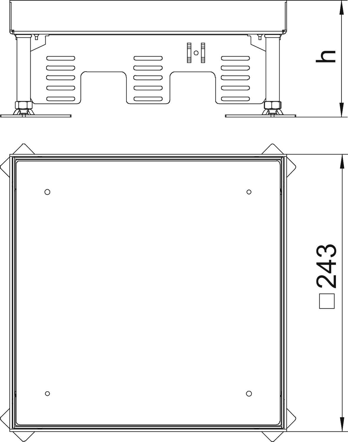 Rysunek techniczny metalowej skrzynki kwadratowej z bocznymi otworami wentylacyjnymi oraz wymiarami. Wysokość 'h' i szerokość 243 mm.