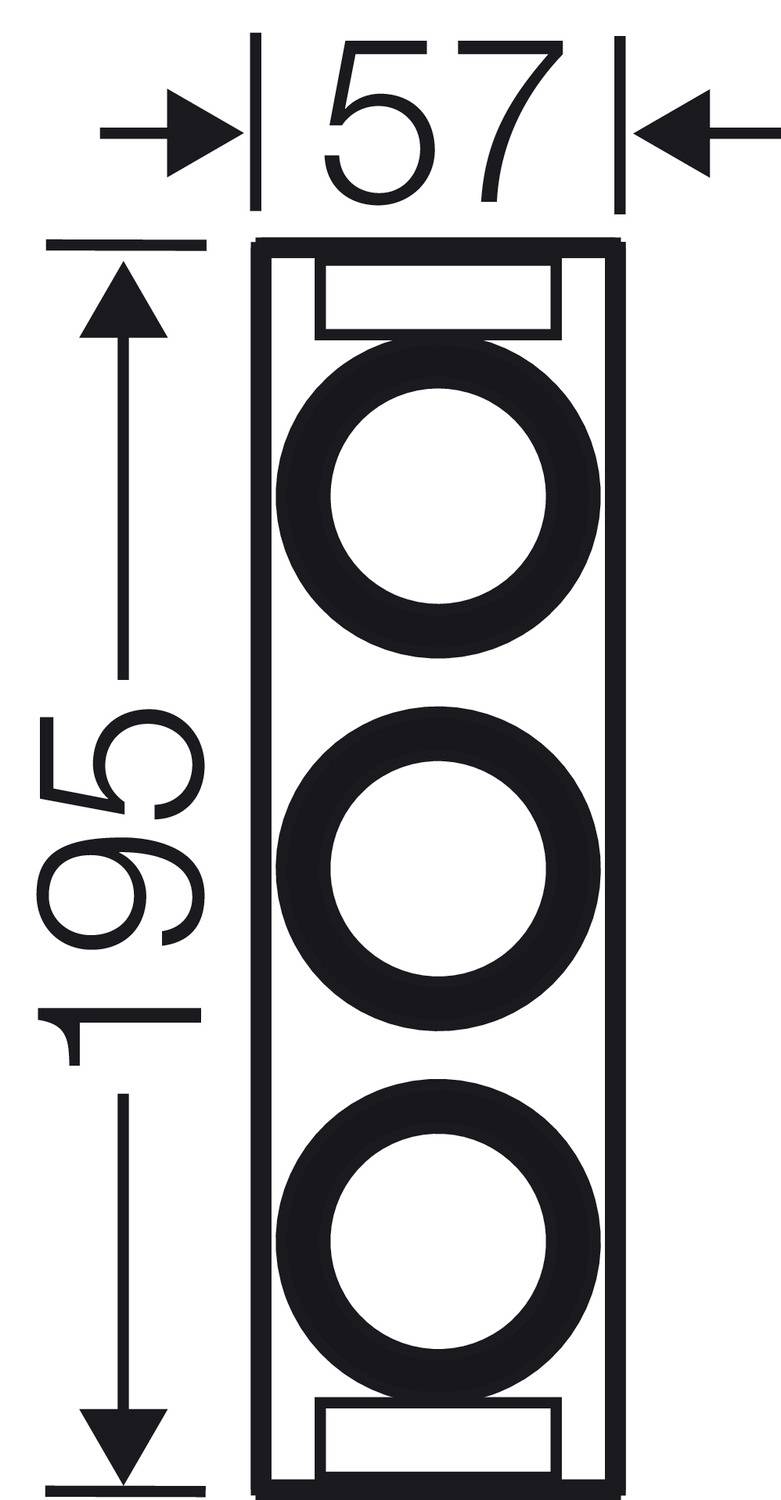 Rysunek techniczny prostokątnego obiektu z trzema dużymi kołami. Wymiary: szerokość 57, wysokość 195.