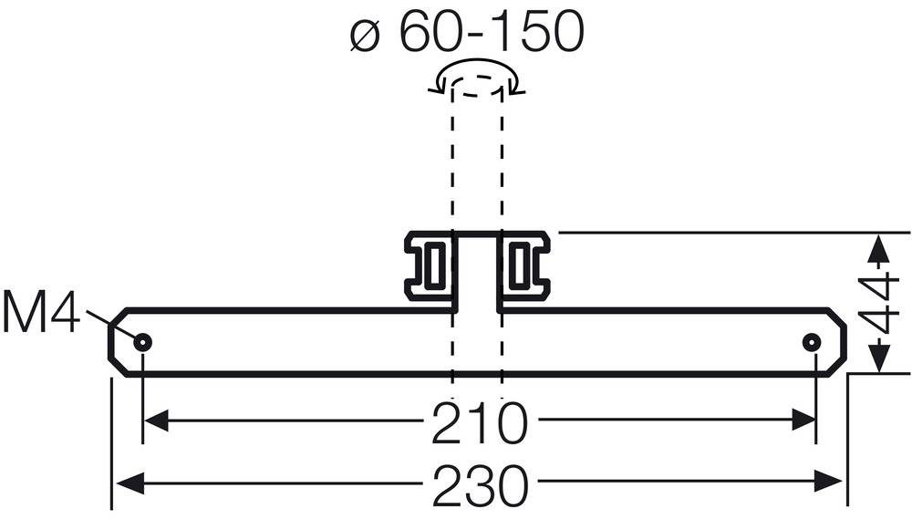 Rysunek techniczny uchwytu: Długość 230 mm, szerokość 44 mm, średnica otworu 60-150 mm, śruba M4.