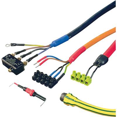 Kilka kolorowych kabli z różnymi złączami i adapterami prezentuje przykłady okablowania elektrycznego oraz technik łączeniowych.