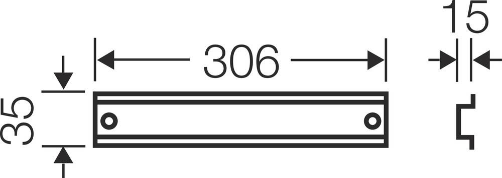 Rysunek techniczny prostokątnego obiektu o wymiarach 306 mm szerokości i 35 mm wysokości. Otwory gwintowane na obu końcach.