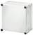 Biała plastikowa puszka łączeniowa o zaokrąglonych narożnikach, przeznaczona do instalacji elektrycznych, przedstawiona na białym tle.