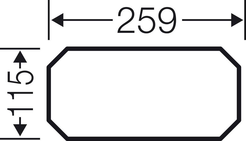 Diagram w kształcie prostokąta, górna krawędź z zaokrąglonymi narożnikami. Wymiary: szerokość 259, wysokość 115.
