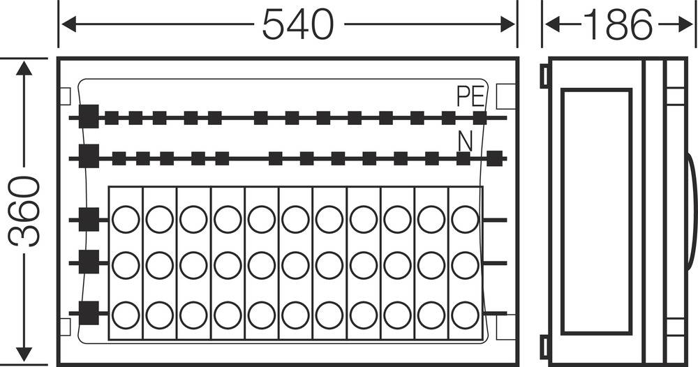 Schematyczny rysunek rozdzielnicy elektrycznej o wymiarach 540 x 360 x 186 mm. Widoczne oznaczenia dla przewodów PE i N.
