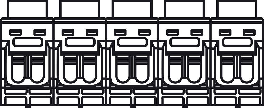 Czarno-biały rysunek pięciu stylizowanych twarzy robotów w rzędzie, z prostokątnymi oczami i ustami.