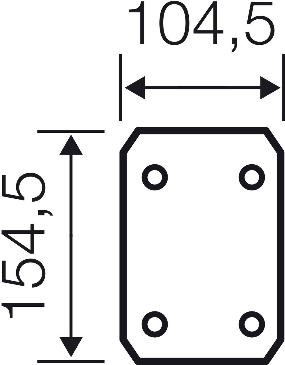 Rysunek prostokątnego planu metalowej płytki z czterema otworami. Wymiary: szerokość 104,5 mm, wysokość 154,5 mm.