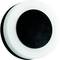 Czarny okrąg jest otoczony większym białym kołem, które tworzy efekt trójwymiarowości.