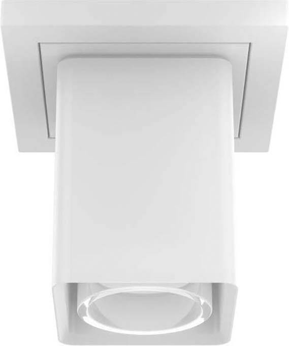 Biała, prostokątna lampa wpuszczana ze składającym się cylindrycznym cokołem, skierowana w dół. Nowoczesny design do oświetlenia wnętrz.