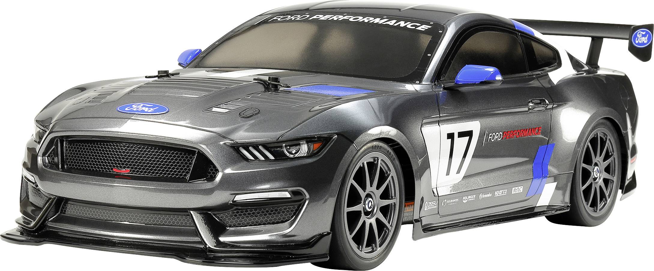 Szary samochód modelarski w stylu wyścigowym z numerem 17 i niebieskimi akcentami. Sportowy design z charakterystycznym tylnym spoilerem.