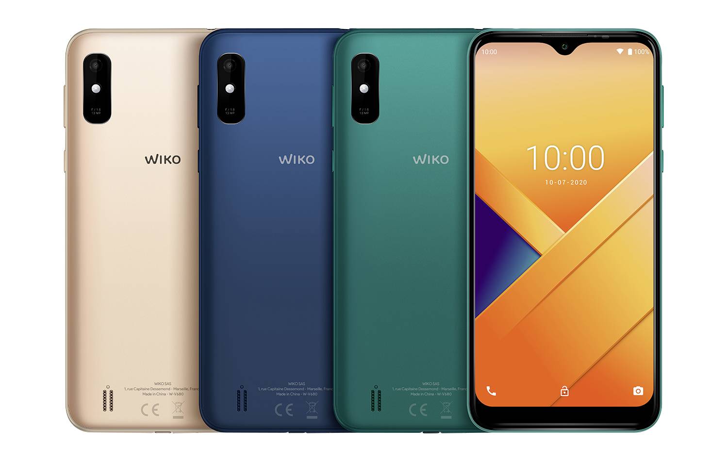 Cztery smartfony Wiko w różnych kolorach (złoty, niebieski, zielony) ułożone obok siebie. Na ekranie wyświetlana jest godzina 10:00 i pomarańczowy design.