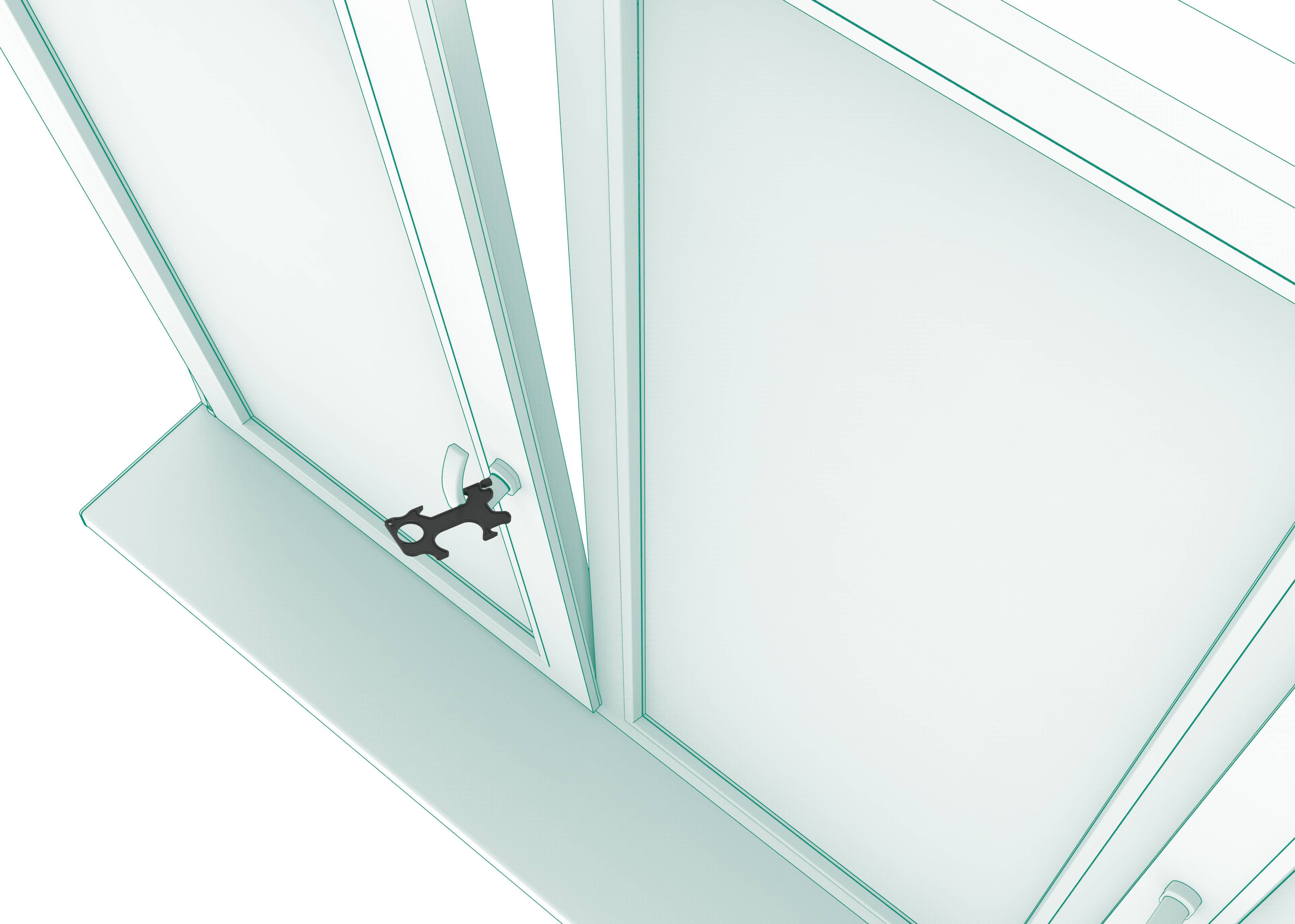 Okno jest zabezpieczone zamkiem. Jest do połowy otwarte i ukazane z perspektywy z lotu ptaka.