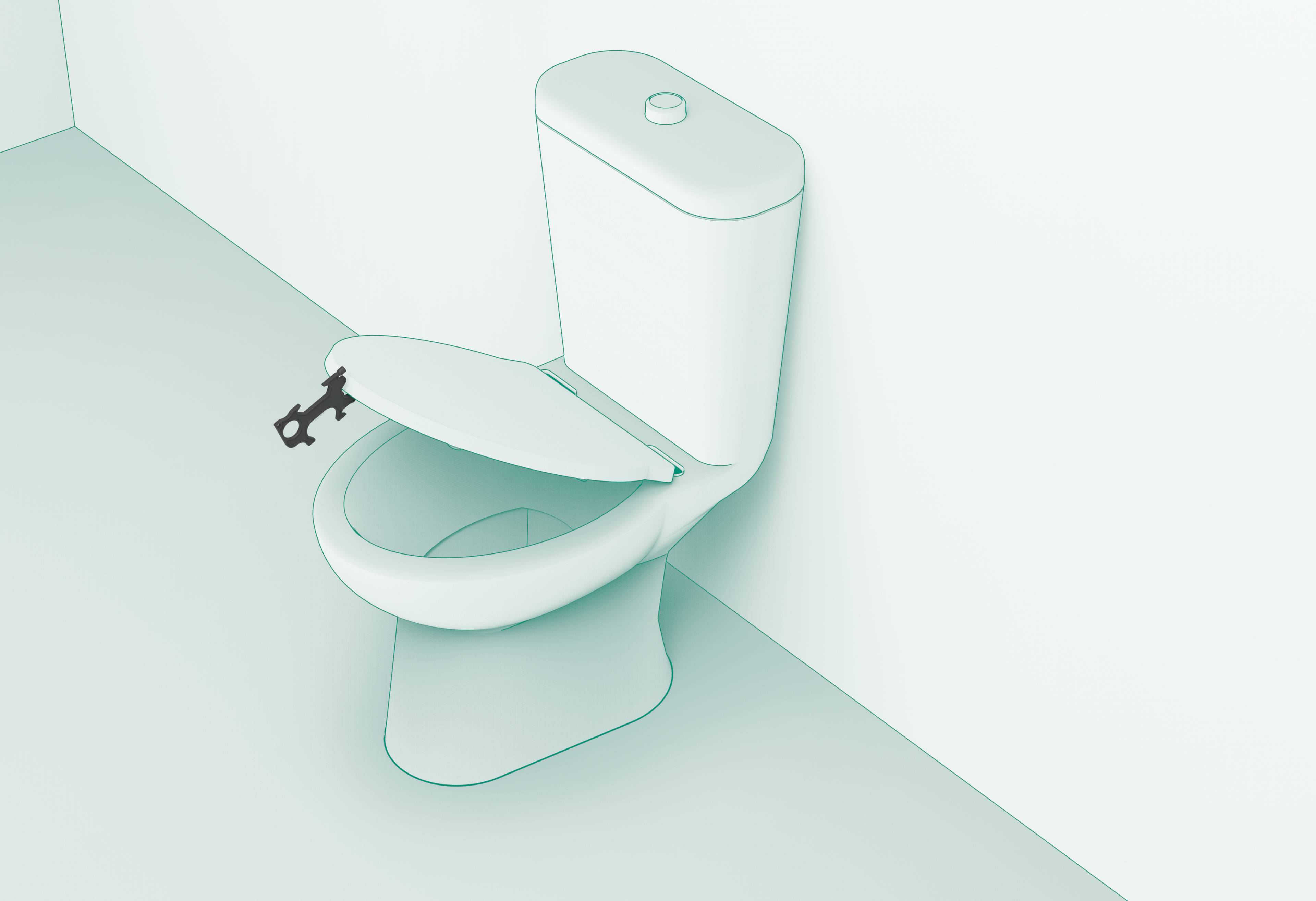 Miska toaletowa z otwartą pokrywą i małą figurką na jej krawędzi. Tło w jasnym odcieniu.
