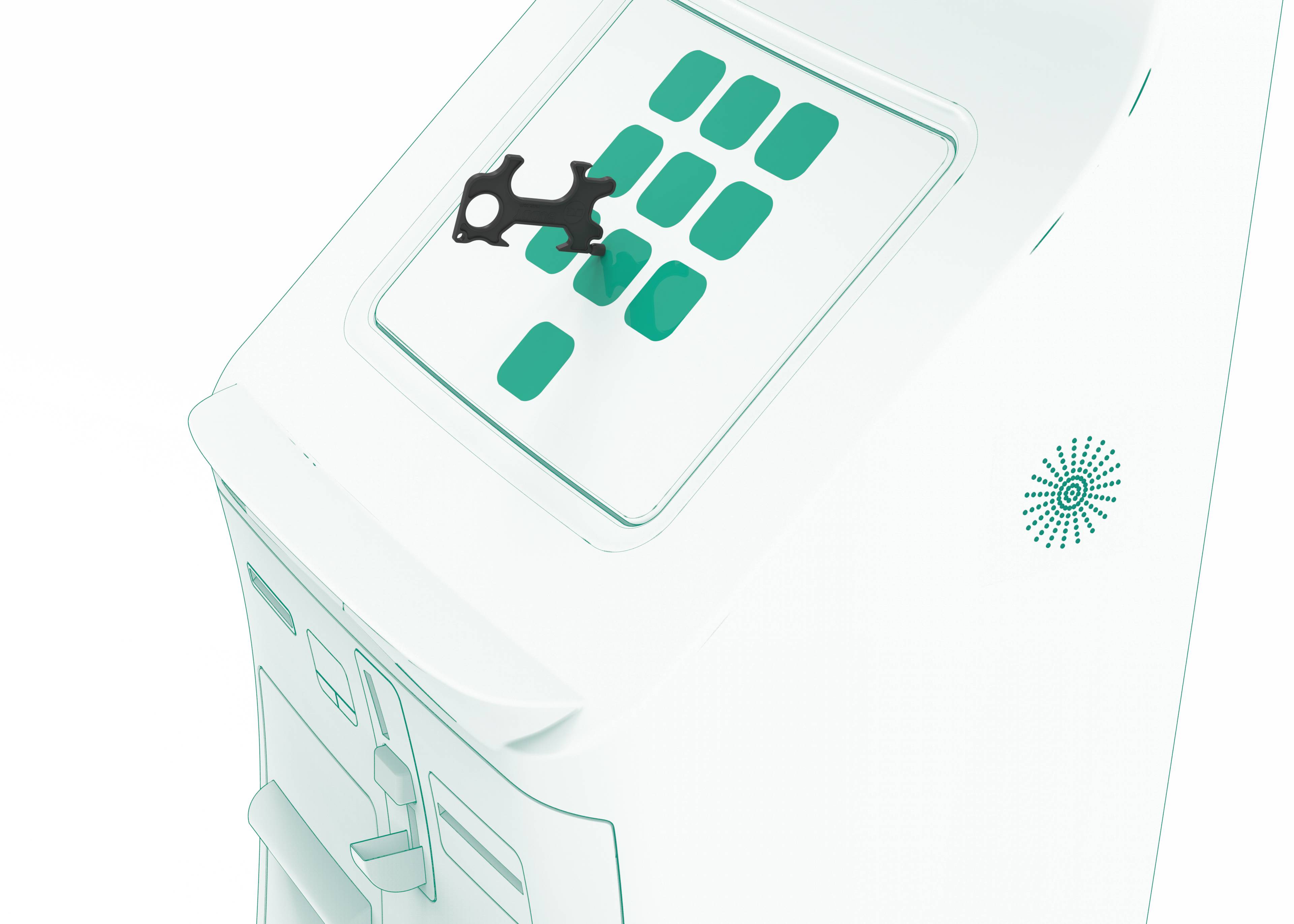 Stylizowany, zielony klucz zabawkowy jest częściowo wsunięty w panel z zielonymi kwadratowymi polami na białym urządzeniu.