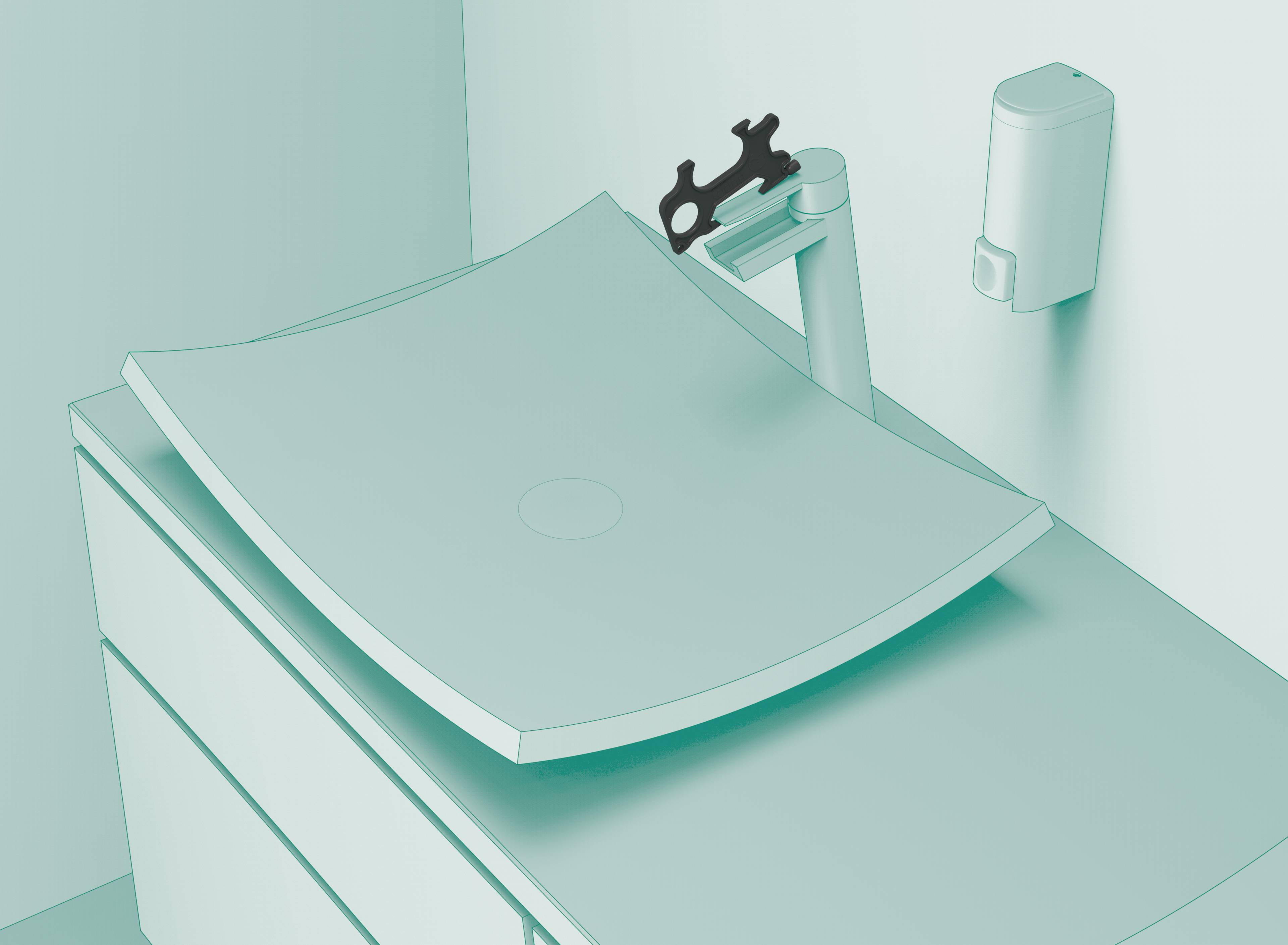 Nowoczesna umywalka łazienkowa z prostokątną miednicą, stylizowaną baterią oraz dozownikiem mydła zamontowanym na ścianie.