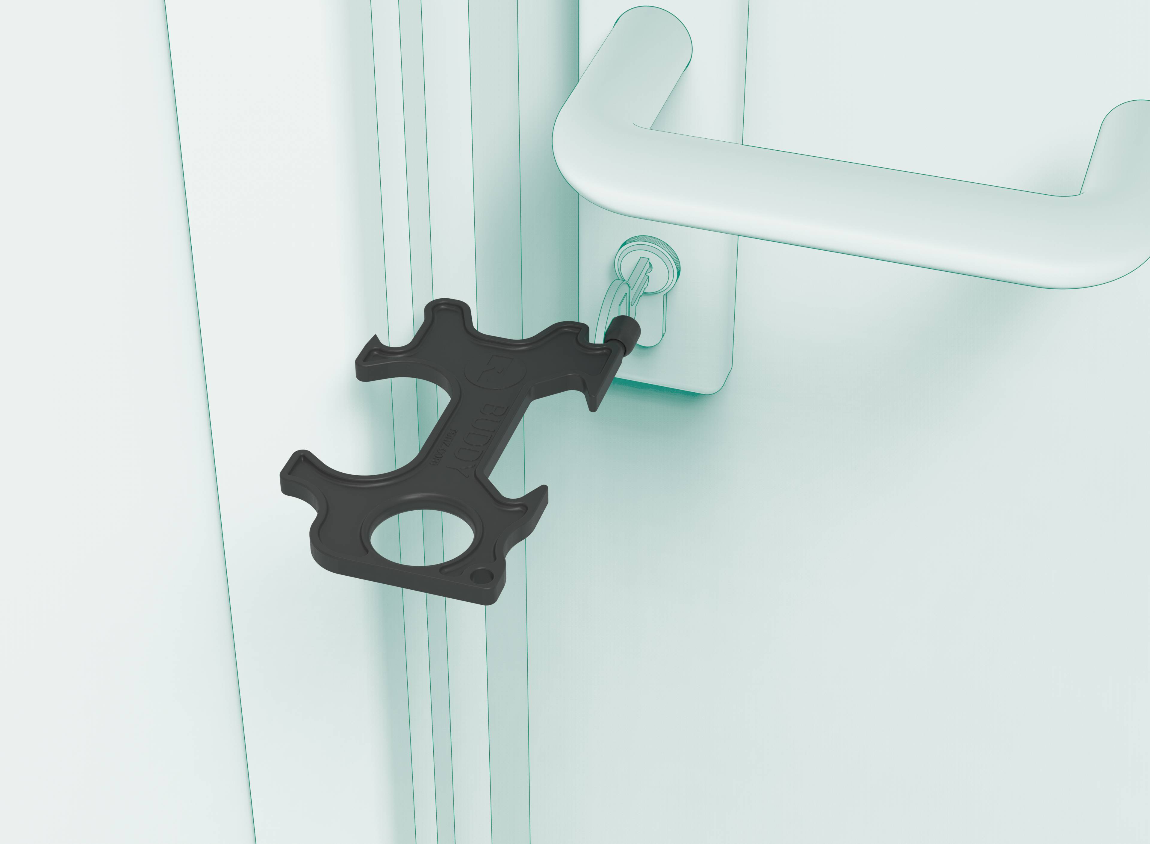 Czarne narzędzie do otwierania drzwi chwyta za klamkę turkusowych drzwi, umożliwiając ich bezdotykowe otwarcie.
