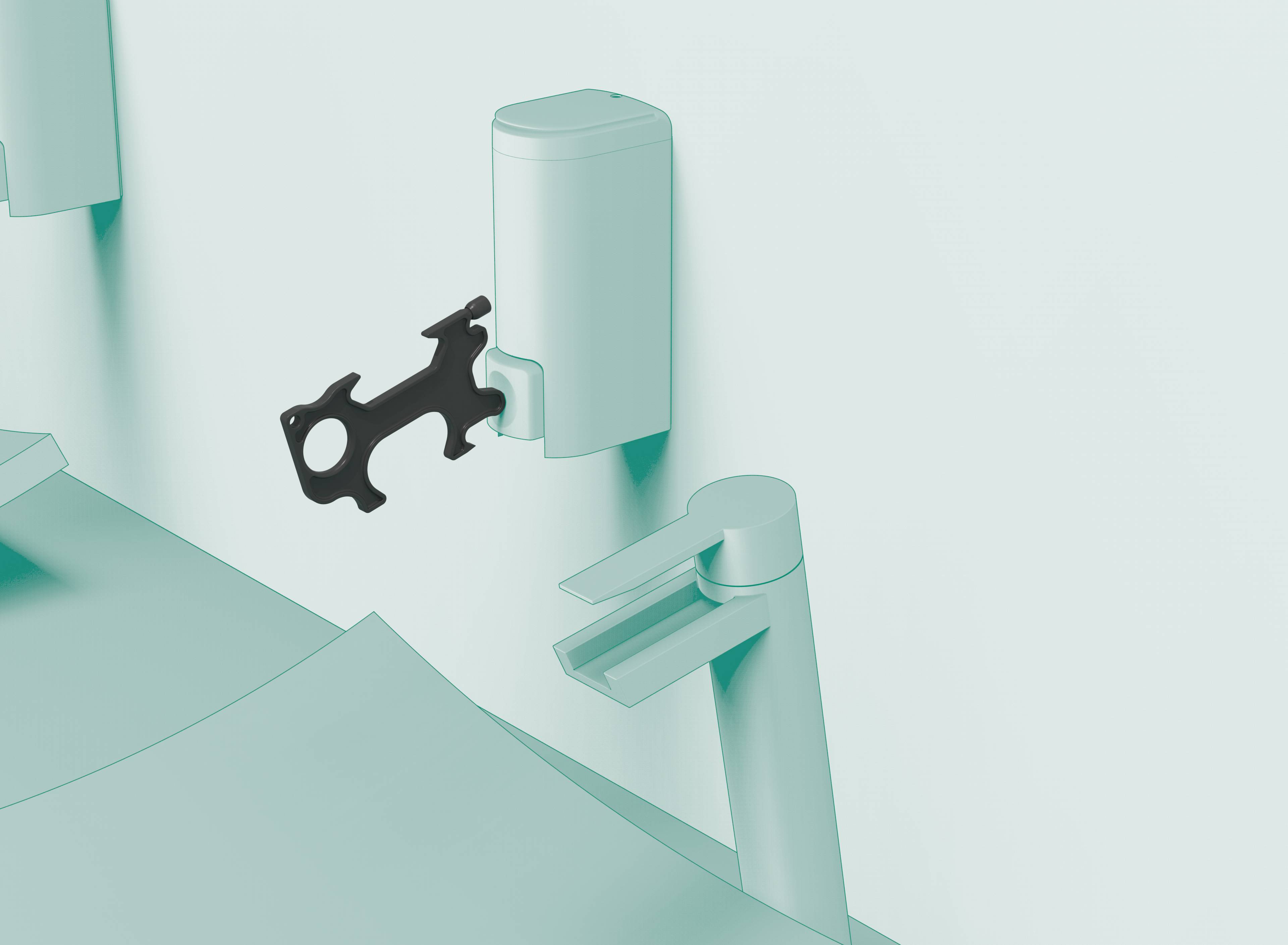 Zbliżenie narzędzia kluczowego obsługującego bezdotykowy dozownik mydła, zamontowanego obok kranu na ścianie.