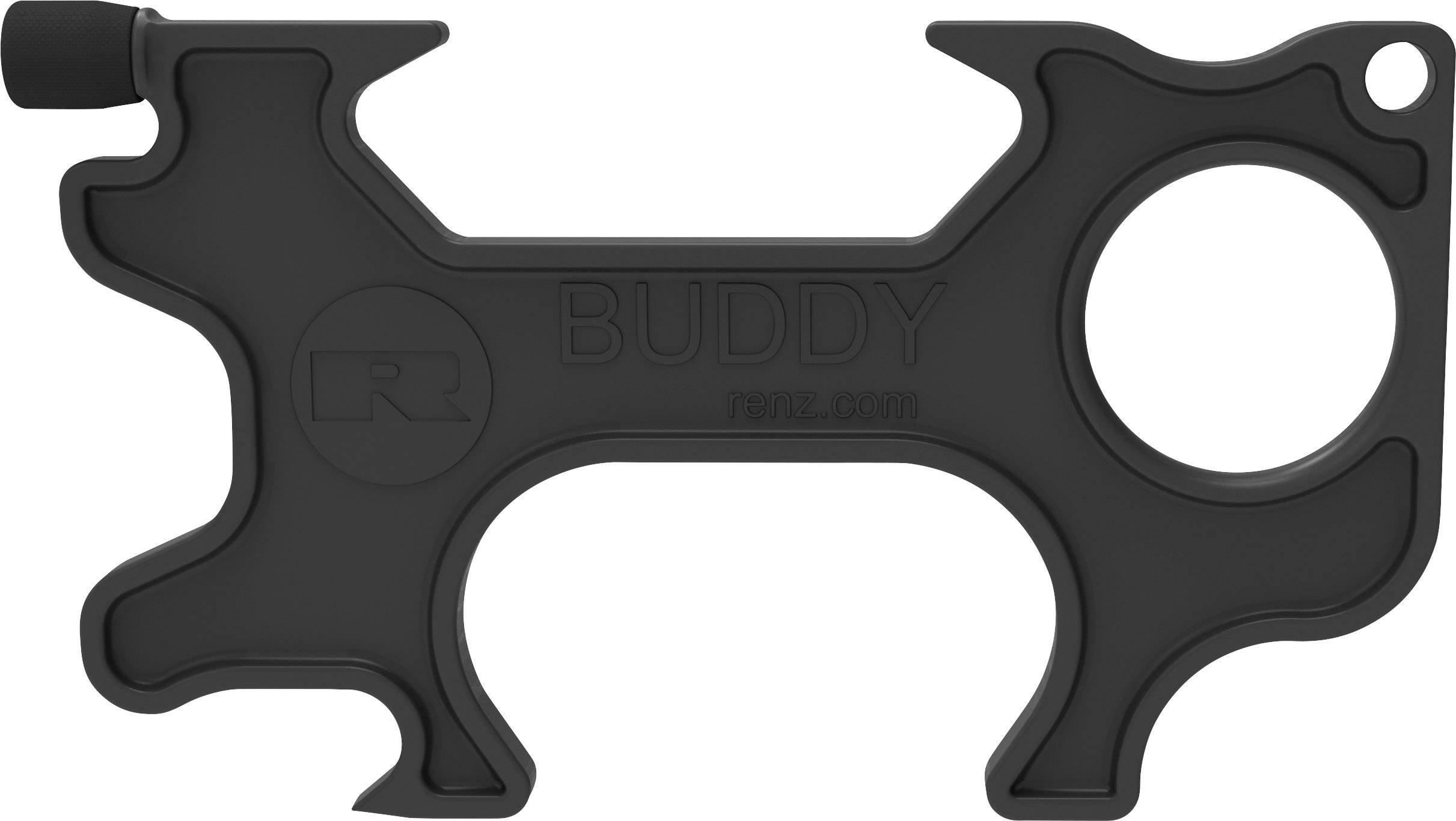 Czarny wielofunkcyjny przyrząd w kształcie psa z napisem 'BUDDY'. Posiada różne otwory i narzędzia.